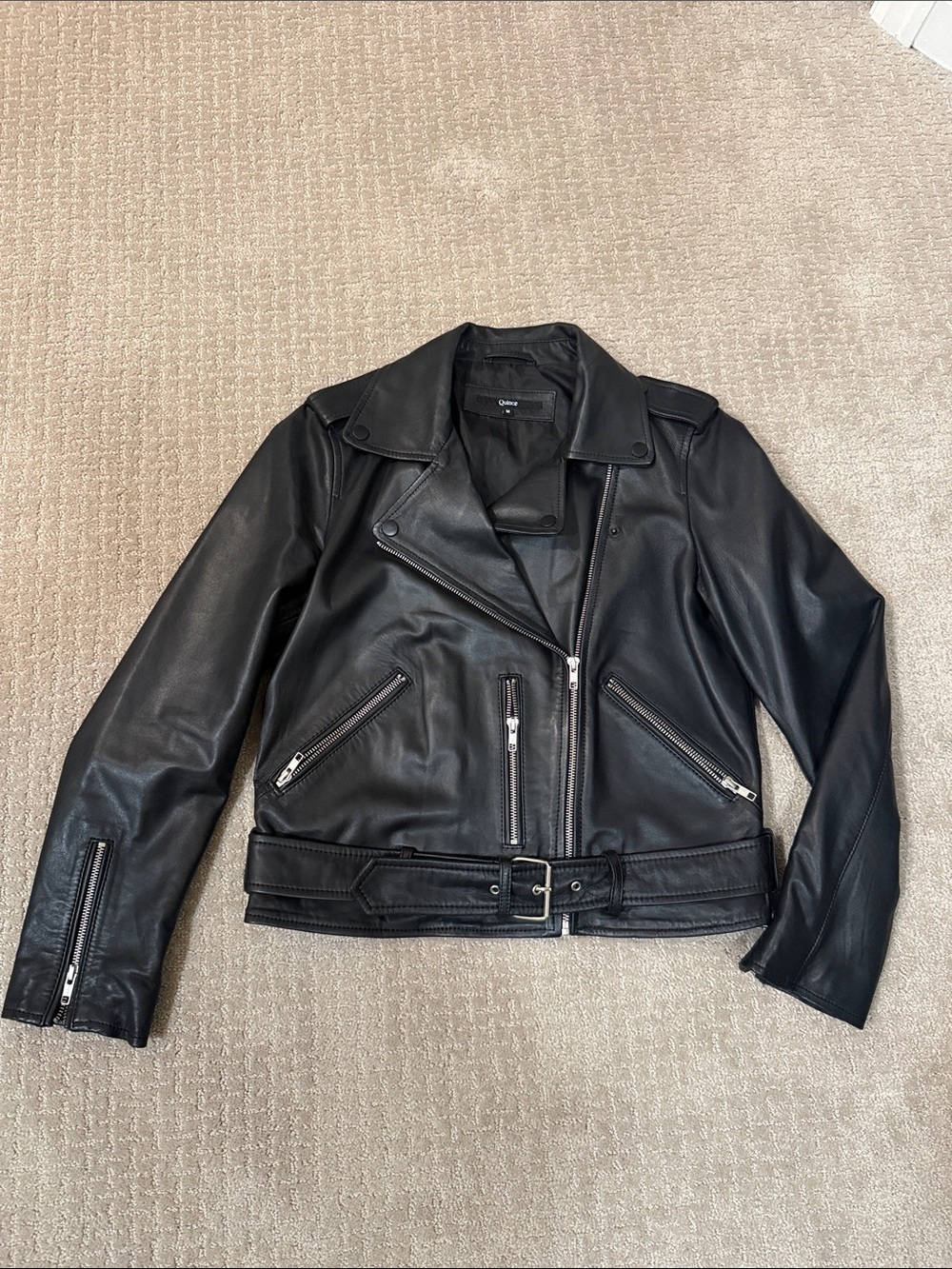 Quince Black Leather Biker Jacket with Silver Hardware